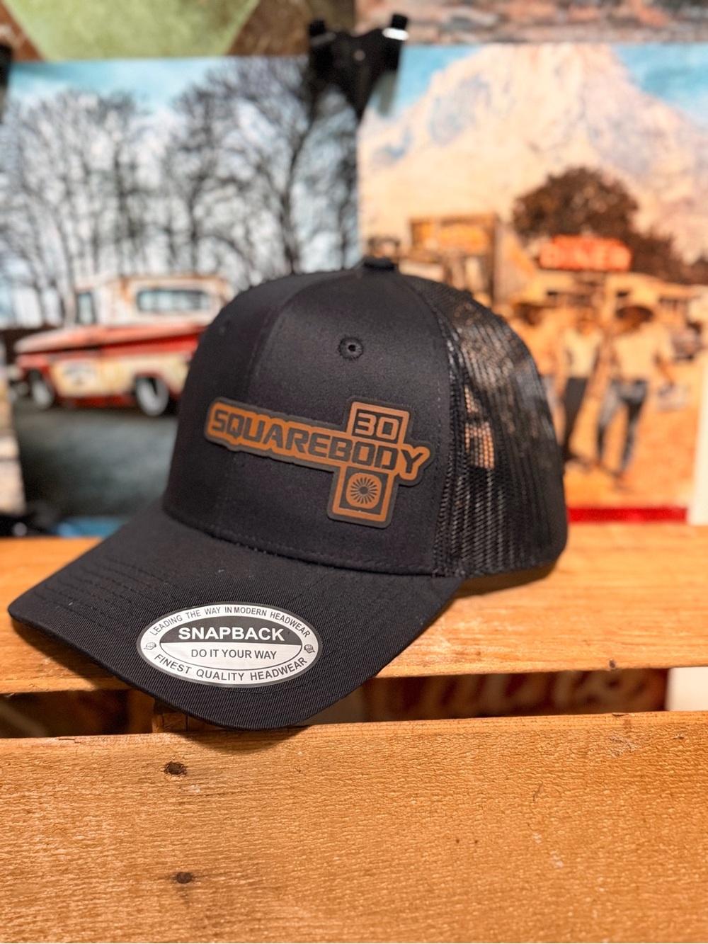 Unbranded Black on Black Snapback cap with a Sqaurebody 30 leather patch